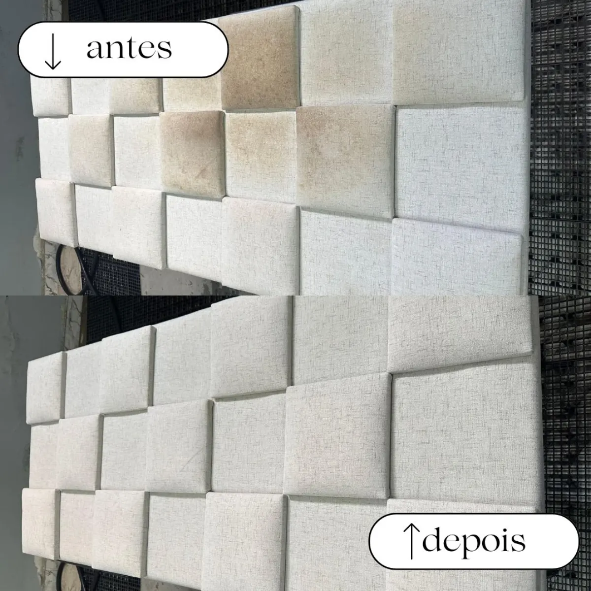 Antes e depois da higienização de estofado feita pela Lave Top em Caruaru
